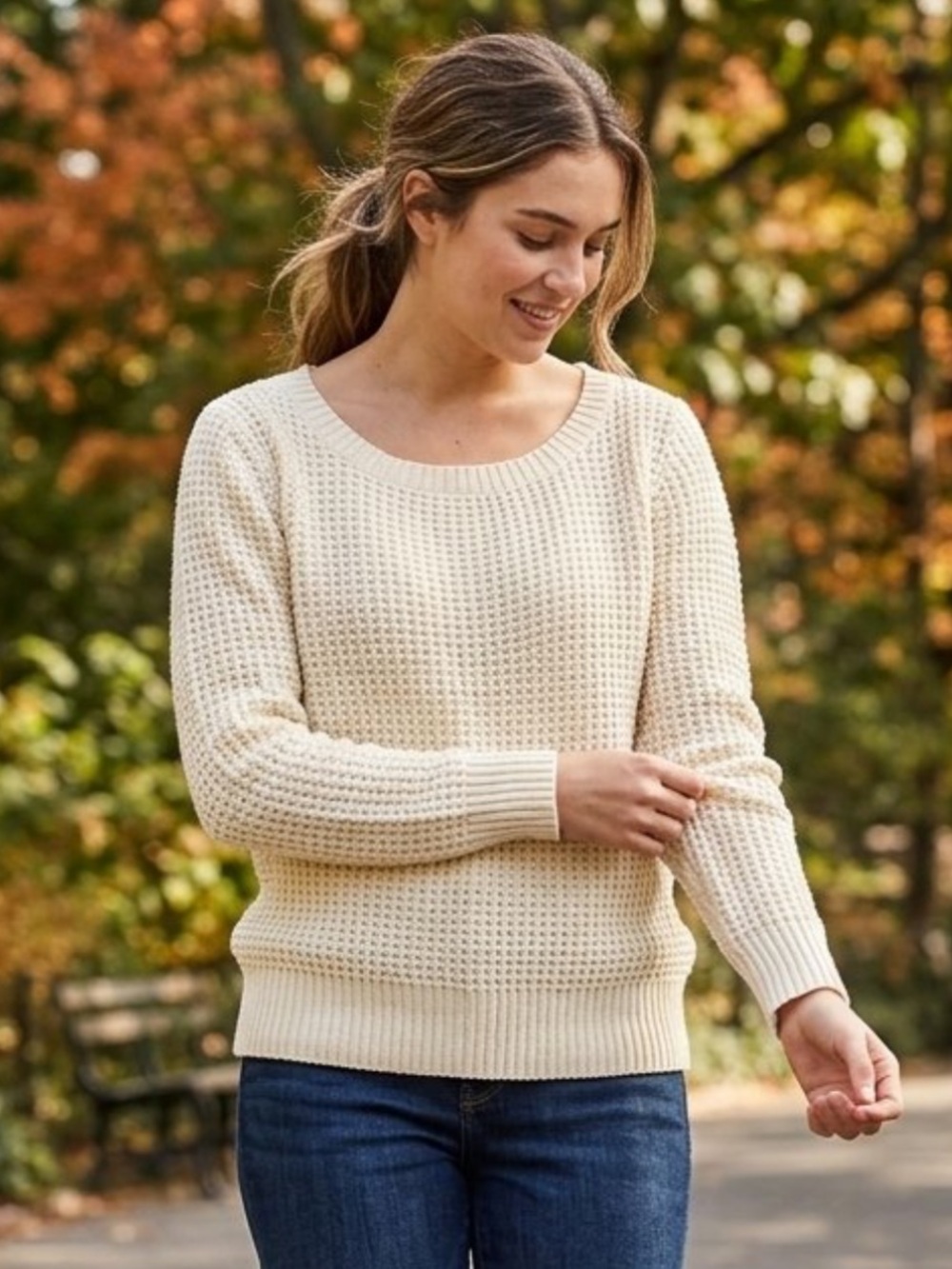 Joe Fresh Cream Waffle-Knit Scoop Neck Sweater